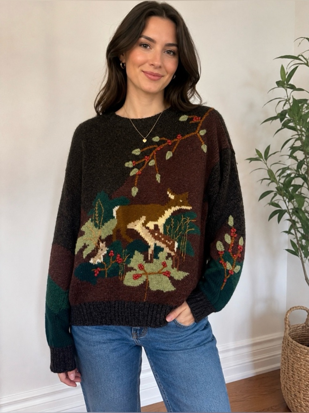 Vintage 1988 Susan Bristol 100% Wool Sweater Deer Forest Scene Hand Knit